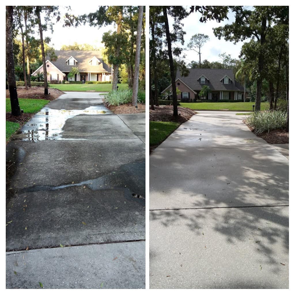 Driveway and sidewalk before and after pressure washing